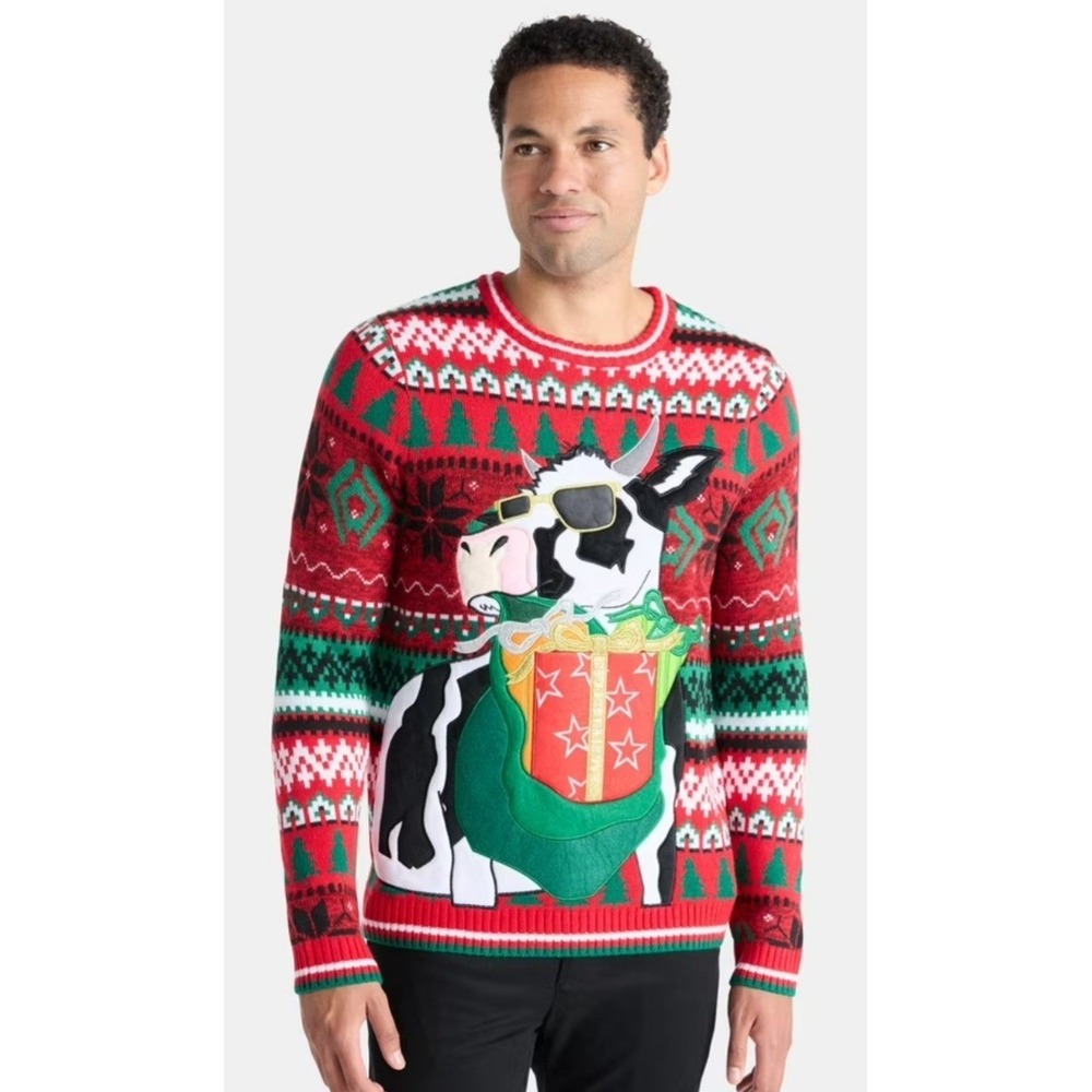 NEW Holiday Time Men's Ugly Christmas COW Drink Pocket Sweater Multicolor Size S